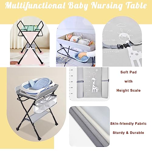 DMG TECH Portable Baby Changing Table, Waterproof Diaper Changing Table with Wheels, Adjustable Height Folding Diaper Station with Safety Belt, Large Storage Racks for Newborn Baby and Infant