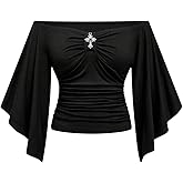 BEAUDRM Women's Goth Off Shoulder Tops Metal Cross Ruched Grunge Shirts Bell Sleeve Going Out Tops
