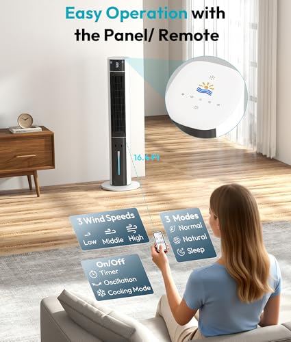 Rellytech Evaporative Air Cooler - Swamp Cooler with 3L Water Tank, 3 Modes & 3 Speeds, Remote Control, 12H Timer, 50° Oscillating Portable Bladeless Cooling Tower Fan For Room Bedroom Office