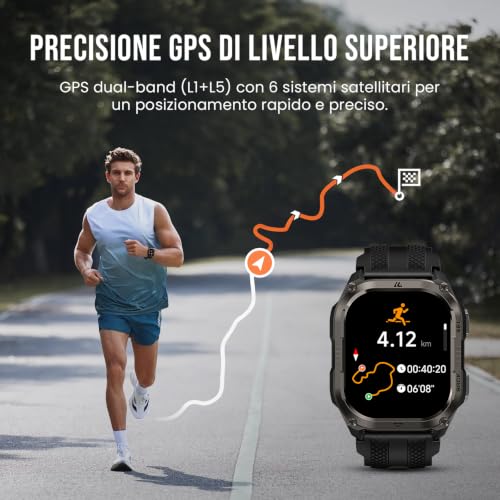 KOSPET PULSE 2 Smart Watch Rugged GPS Dual-Band 5ATM IP69 LED Flashlight | AMOLED 1.96" Extra Large Battery, Over 170 Sports Modes, Heart and Sleep Monitor for Android and iPhone Black