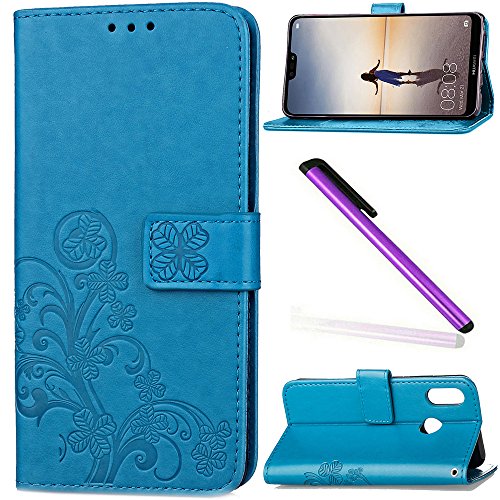 Huawei P20 lite Case Cover EMAXELER Stylish Wallet Colour Kickstand Flip Case Credit Cards Slot Cash Pockets Embossing PU Leather Flip Wallet Case For Huawei P20 lite Clover Blue