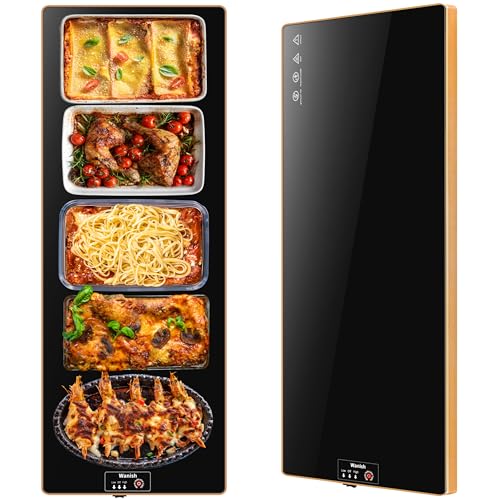 Electric Warming Tray（Extra Long 40”x12”），Food Warmer with Thermostat and Full Surface Heating，Food Warming Mat with 2 Temperature Modes for Parties Buffet，Gatherings，Gold Edge