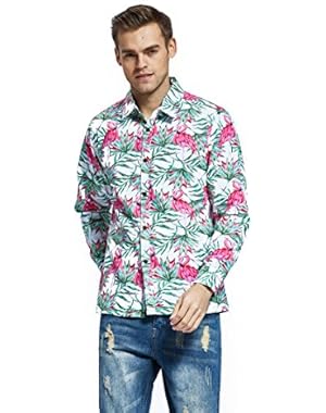 Men's Hawaiian Long Sleeve Shirt Aloha Shirt Flamingo in Love Whtie