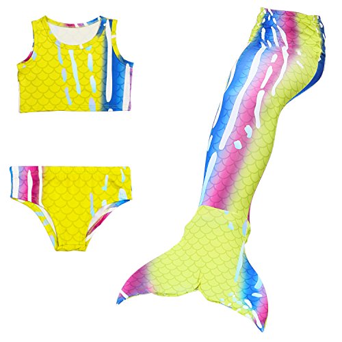 Bigface Up Girls Swimsuit Mermaid Tail 3PCS Swimwear Bikini Set Costume for Swimming Yellow+Blue 140