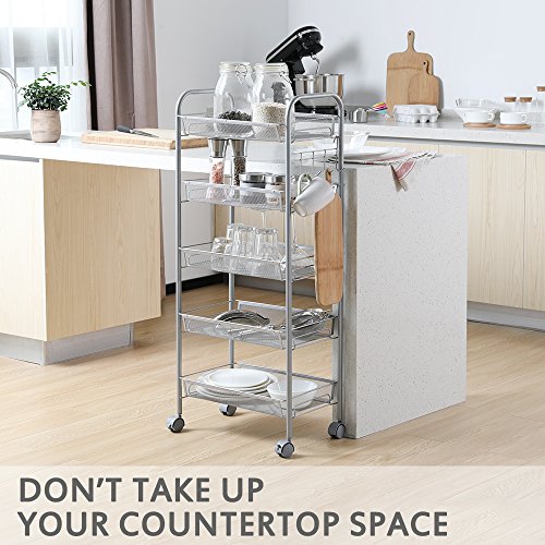Cozzine 5 Tier Wire Mesh Shelf Rack Utility Rolling Cart with Wheels, Kitchen Bathroom Storage Organizer Cart Shelves with 5 Side Hook Racks - Thumbnail 5