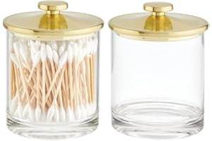 mDesign Small Modern Apothecary Storage Organizer Canister Jars - Acrylic Containers for Bathroom, Organization Holder for Vanity, Counter, Makeup Table, Lumiere Collection, 2 Pack, Clear/Soft Brass