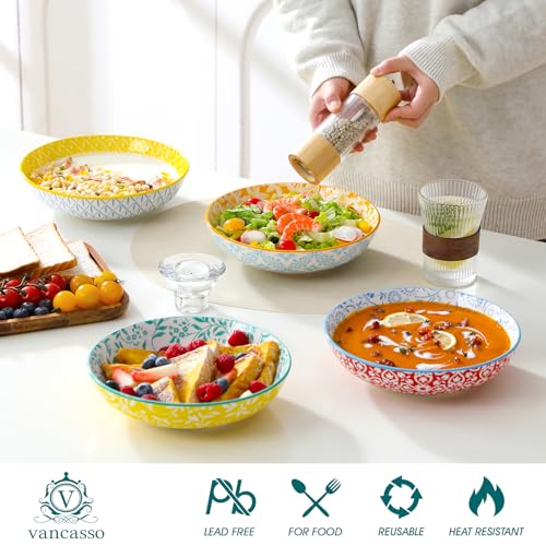 vancasso Selene 40 OZ Colorful Floral Pasta Bowls Set of 6, 1200 ML 8.5 Inch Large Ceramic Serving Bowls for Salad, Soup, Noodles, Fruit, Microwave and Dishwasher Safe Dinner Sets, House-Warming Gift