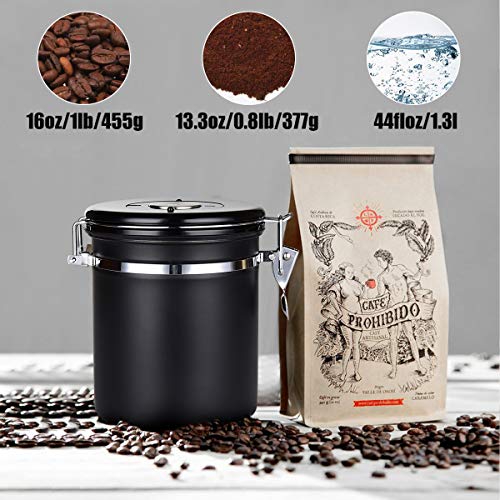 Coffee Container Airtight Stainless Steel Storage Canister with Built-in CO2 Valve, Measuring Scoop and Brush - Black