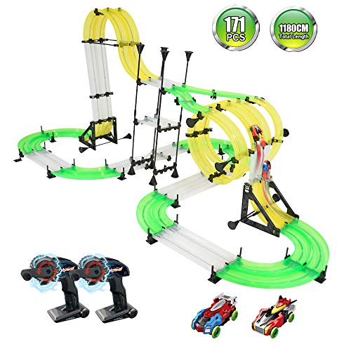 SOMKTN Racing Track Car Toys - 171PCS 1180CM Double RC Car Race Track Set, High Speed Rail Car Track Set Slot Car with 3D Track, 2 RC Cars& 2 Controllers DIY Assembly Toys for Kids on Party Game - Thumbnail 7