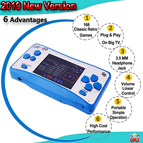 AOKLEE Portable Handheld Game for Kids Adults Preloaded 168 Classic Retro with 2.5'' Color 3.5 MM Headphone Jack and TV Output Display Seniors Handheld Games (Blue) - Thumbnail 3