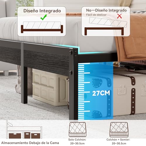 FURRIFIC Cama Matrimonial con 2 Mesitas de Noche Flotantes, Base Matrimonial con Cabecera Almacenamiento, Marco con Luces LED RGB, Estación de Carga, Amplio Espacio Inferior, Estructura de Cama Negra