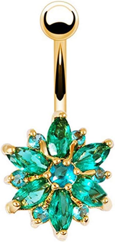 Women Rhinestone Flower Belly Button Navel Ring Bar Body Piercing Jewelry Charm Beach Biki Gold & Green