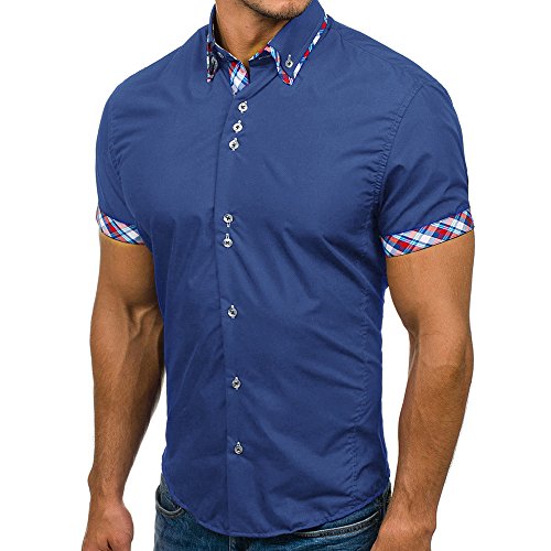 Ximandi Men's Summer Double Collar Slim Patchwork Short Sleeved T-Shirt Top Blouse Blue - Thumbnail 2