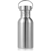 Volhoply 16oz Uninsulated Stainless Steel Water Bottle with Handle, 1-Pack | Single wall 18/8 stainless steel bottle, reusable, BPA-free, leak-proof lid, wide mouth fits ice cubes, for camping, hiking