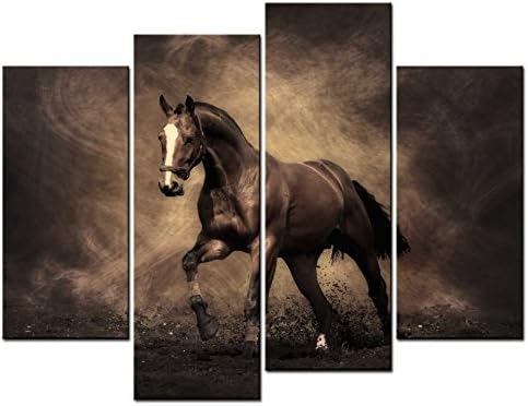 SmartWallArtyuanclllp - Animal Paintings Wall Art a Handsome Horse Running on The Land 4 Panel Picture Print on Canvas for Modern Home Decoration