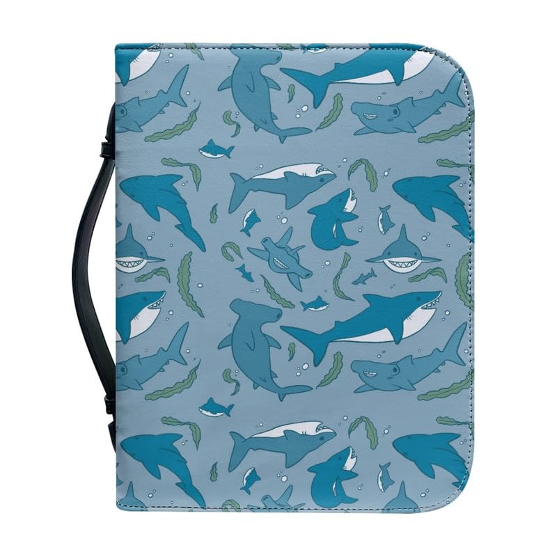 Garronmavis Cartoon Sharks PU Leather Bible Case for Women, Plants Shark Bible Bag, Ocean Animals Bible Protective Bags - M