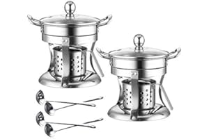 UNAOIWN Shabu hot pot Stainless Steel Chafing Dishes hotpot single Mini cooking pot Cookware Non-Magnetic Burner with 2 spoons