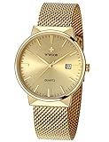WWOOR Men's Analog Quartz Watch Waterproof Sport Steel Mesh Strap Thin Wristwatches Auto Date