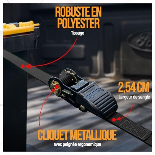 Sangles d'Arrimage, Résistance 748 kg, 4 Sangles de Remorquage de 4,5 m, 4 Boucles Souples, Sangles Arrimage Moto, Anse Caoutchouc, Crochets Métal Enduit, Sac de Transport (Noir)