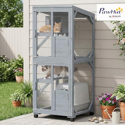 PawHut Catio Outdoor Cat Enclosure, Wooden Cat House on Exercise Wheels Indoor Outdoor, Kitty Cage with Resting Box, Waterproof Roof, for 2 Cats, 25.6" x 25.6" x 63", Dark Grey