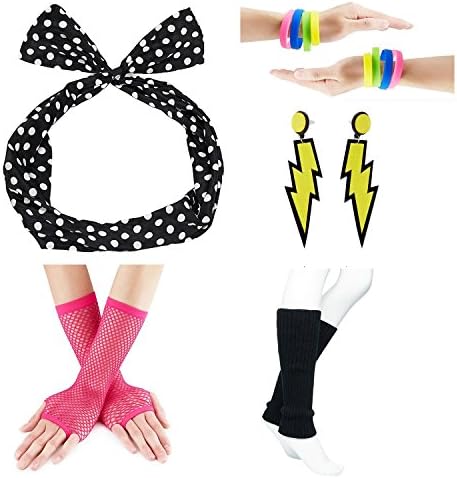 80s Fancy Outfit Costume Accessories Set,Leg Warmers,Fishnet Gloves,Earrings, Headband, Bracelet and Beads