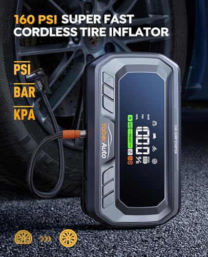 YaberAuto 12-in-1 Jump Starter with Air Compressor 8000A 160PSI 65W Charging, Portable Car Battery Jump Starter (All Gas/14L Diesel) Jump Box Car Battery Jumper Starter Portable Jumper Cables, 160W DC