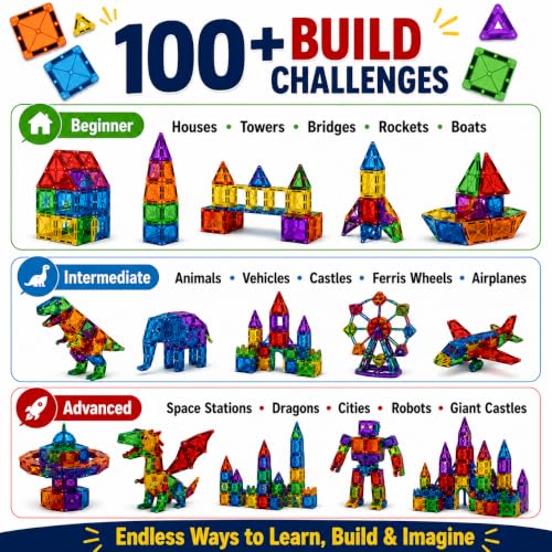 Large Magnetic Tiles for Kids (Ages 3-14), Toys Set Gift 100PCS with 2 Cars | Magnetic Blocks & Building Toys for Creative STEM Learning, Ideal Gift for Boys & Girls