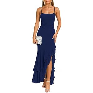 Kaximil Women's Elegant Ruffle Formal Wedding Guest Maxi Dress | Sexy Spaghetti Strap Ruched Bodycon Ruffle Mermaid Cocktail
