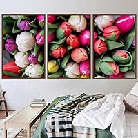 3 Piece Framed Canvas Wall Art Pink Cluster Flowers and Colorful Bouquet Canvas Prints Home Artwork Decoration for Living Room,Bedroom - 16