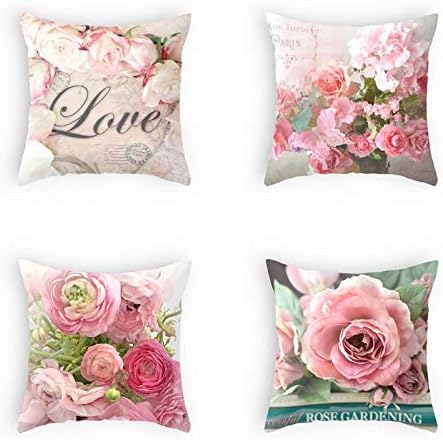 OATHENE Set of 4 Throw Pillow Covers,Cotton Linen,American Pastoral Style Garden Beatiful Flores Cushion Sofa Bedroom Car,Home Decor,18 x 18 Inch.1369