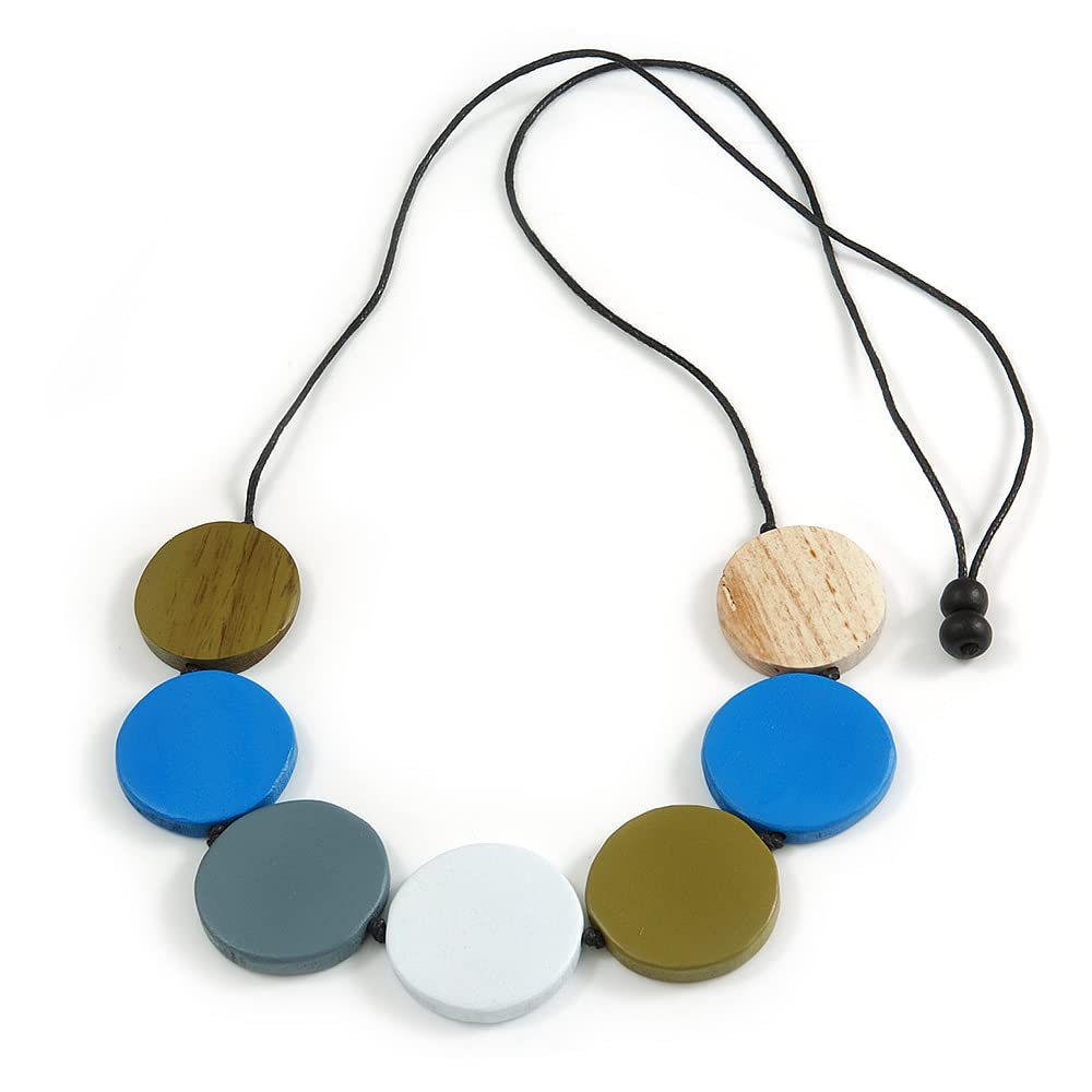 Avalaya Multicoloured Wood Coin Bead Black Cotton Cord Necklace - 96cm L (Max Length) Adjustable