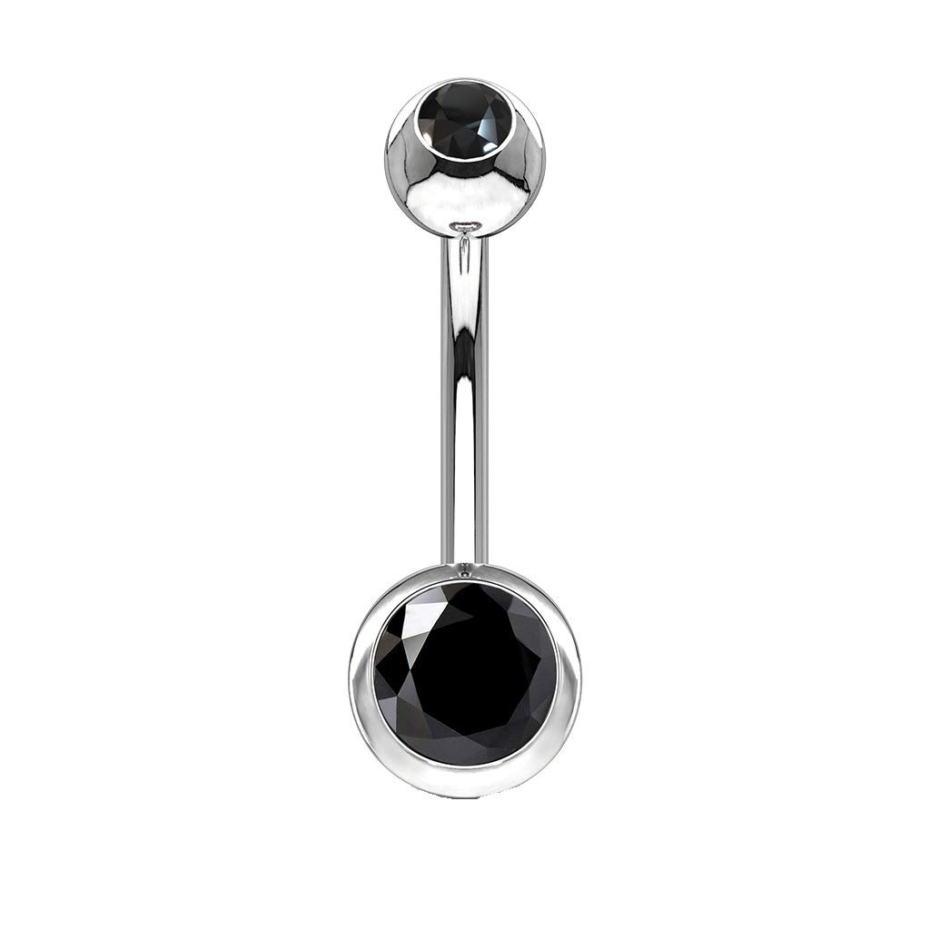 PiercedOff 316L Surgical Steel Belly Bar with Internally Threaded Black CZ Gem Balls - Bar Thickness 14GA (1.6mm) / Bar Length 11mm / Ball Sizes 5mm Top and 8mm Bottom