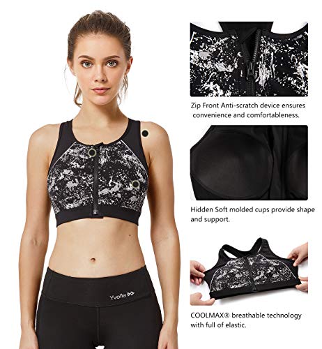 Yvette Women's Zipper Front Print Sports Bra with Wide Strap for Women, Black, 5XL(DF)