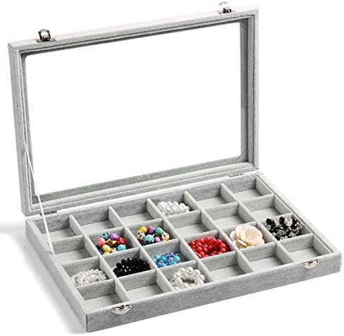 NEOTEND Glass Lid Jewelry Tray 24 Grid Velvet Showcase Display Organizer Gray