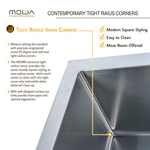 MOWA HTS2522 Kitchen Sink 25 x 22 Inch Drop In Style, 16 Gauge Stainless Steel Top Mount Single Bowl Bar Prep/Laundry Sink, Deep & Tight-Radius Basin w/Bottom Grid, Basket Strainer & Bonus Soap Pump - Thumbnail 5