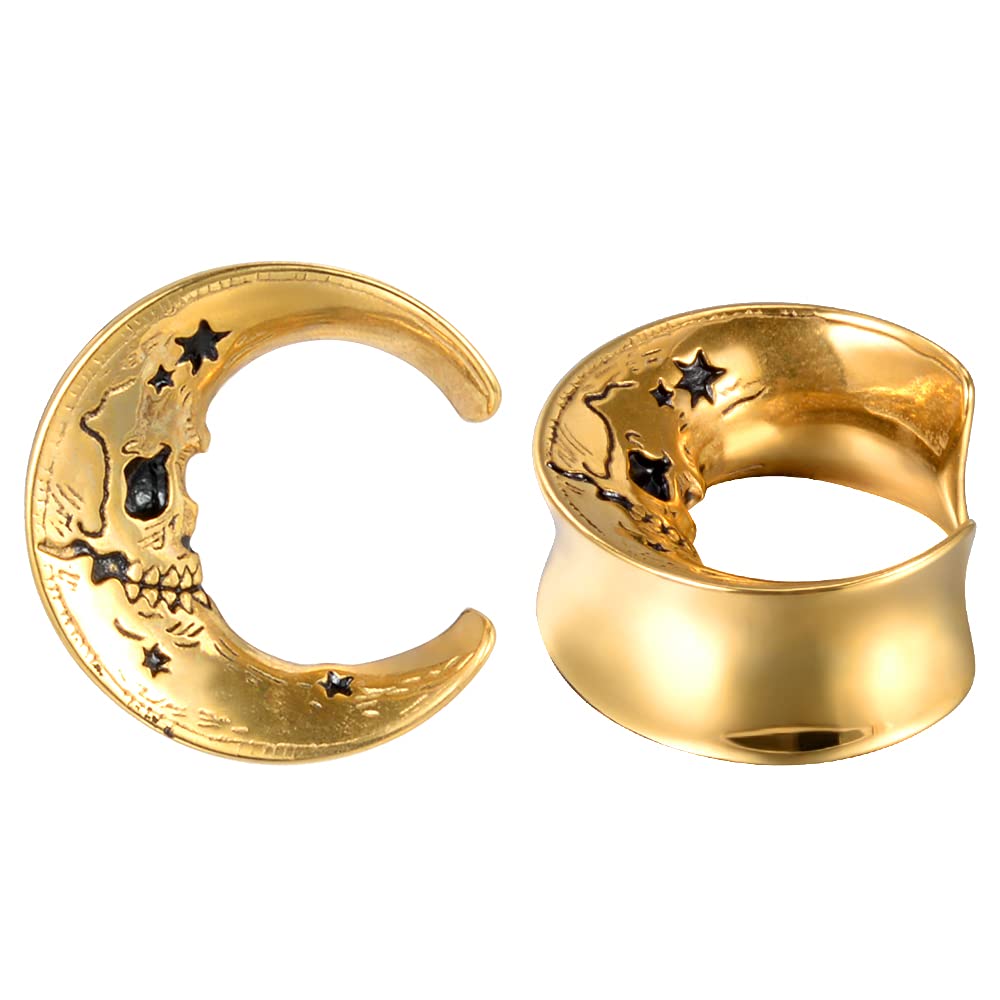 COOEAR 1 Pair Moon Style Ear Tunnels Flesh Plugs Piercing Earrings Stainless Steel Skull Ear Gauges 10mm to 25mm.