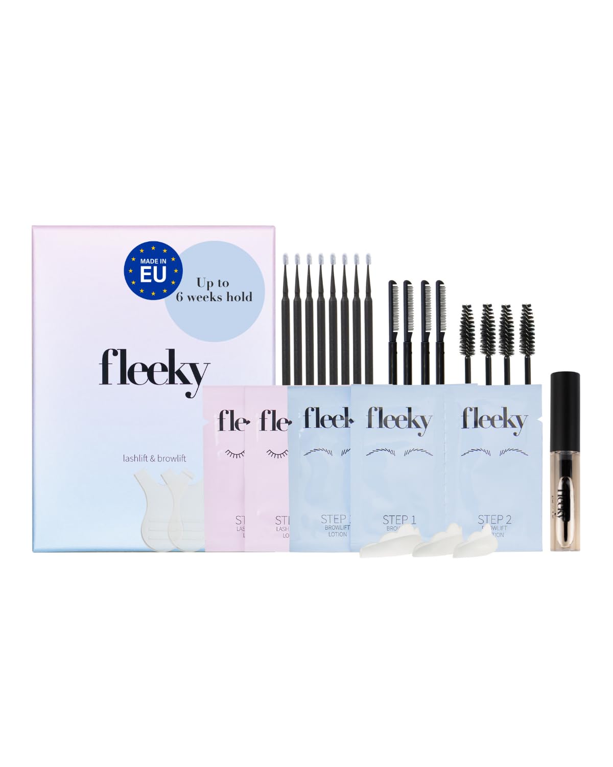 Fleeky lash lift & brow lift kit – salon results at home – vegan dermatologist-tested formula – 6-week curl & lift – perm kit, silicone pads S/M, precision tools & dual-chamber sachets