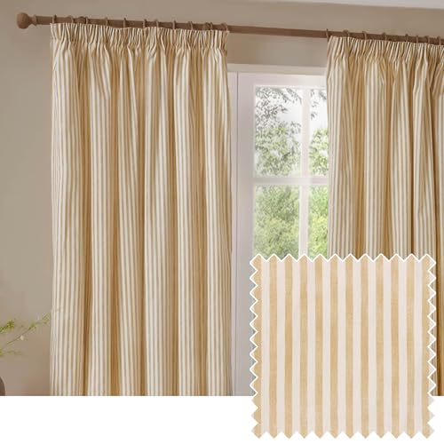 furn. Yard Hebden Verdunkelungs Bleistiftfalte Vorhangpaar – Ultraweiche Baumwollgefuetterte Gestreifte Vorhaenge (Honiggelb – 168x137cm)