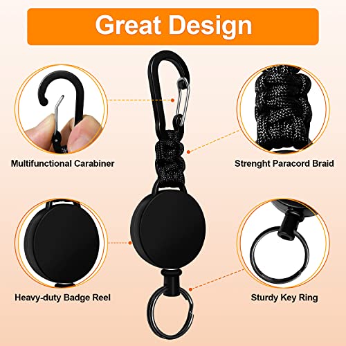 Retractable Key Fob, 3 Pieces, Key Ring, Lanyard, Extendable ID Card Yo-Yo with 60 cm Steel Wire Cord, Pass Holder, with Carabiner, Black, Black, Black