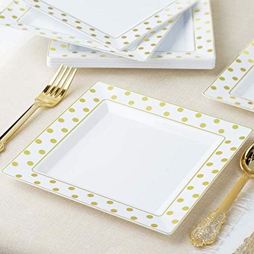 Tableclothsfactory 12 Pack 7" White Disposable Square Salad Dessert Plates With Gold Rim Polka Dots Design