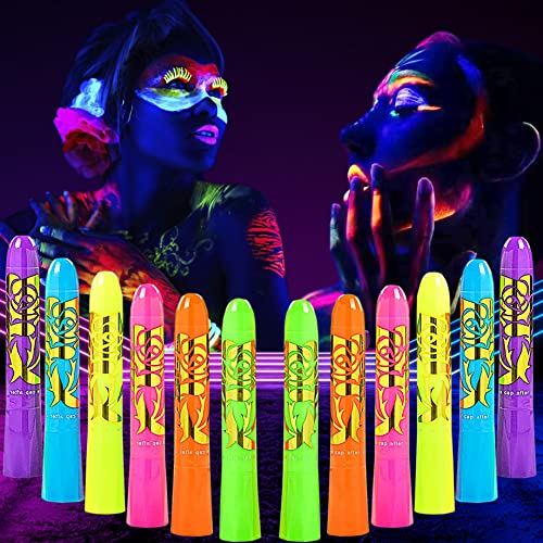 12 PCS Glow in The Black Light Face & Body Paint UV Neon Glow Fluorescent Face Paint Crayons for Halloween Club Makeup Xmas Glow Party Colored Paint Kit for Women Girls