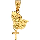 10k Large Yellow Gold Prayer Hands With Prayer Beads Charm Pendant