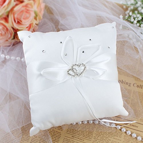KANECH 5pcs Sets-Ivory Satin-Wedding Flower Girl Basket and Ring Bearer Pillow Set (Ring Pillow + Flower Girl Basket + Wedding Guest Book +Pen Set + Garter Cover) - Thumbnail 3