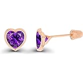 Solid 14K Gold Hypoallergenic 4mm Heart Shaped Birthstone Polished Bezel Screw Back Stud Earrings