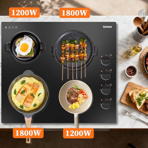 Karinear 4 Burner Glass Ceramic Hob, 6000W Electric Hob 60 cm with Knob, Black Electronic Hobs, Automatic Shut-Off, Crystal Glass