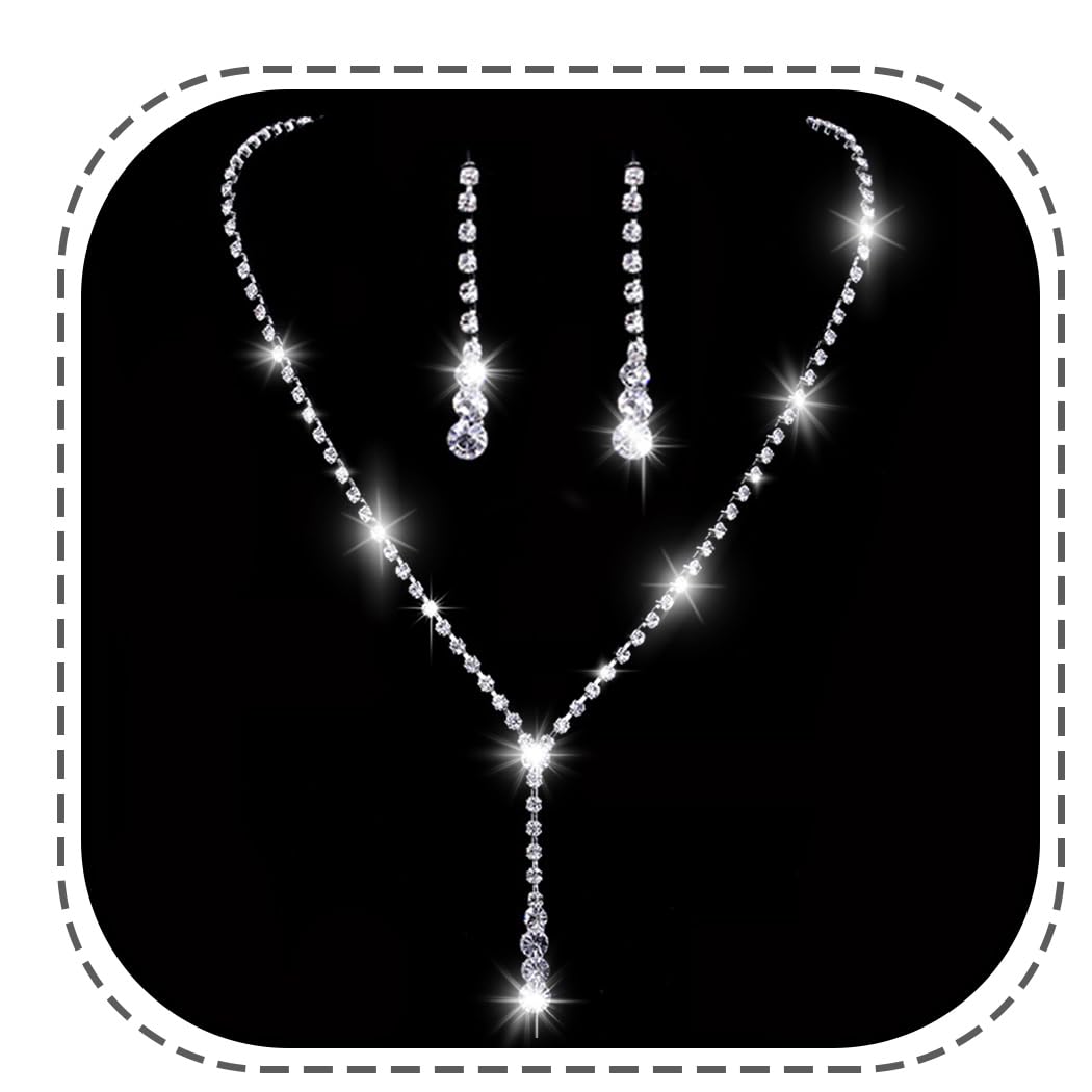 Ushiny Silver Bridal Jewellery Set Wedding Crystal Necklace and Earrings Set Sparkly Rhinestone Dangle Drop Earrings Necklace Jewelry Set for Women and Girls