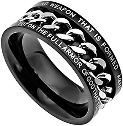 Isaiah 54:17 Band, Stainless Steel Black, Spinner Chain, Christian Bible Verse Ring (13)