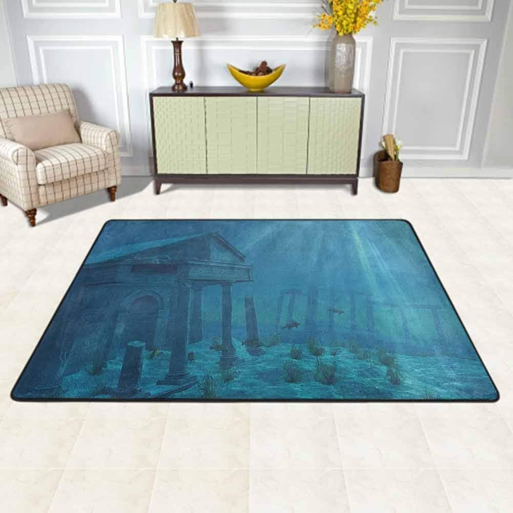 Ocean Area Rug Rugs Large Floor Mat Sun Rays Over Ruins of A Former Civilization Deep Sea Atlantis World Nautical Picture Print Bedroom Rug Teal for Living Dining Dorm Playing Room Bedroom 6'6"x10'
