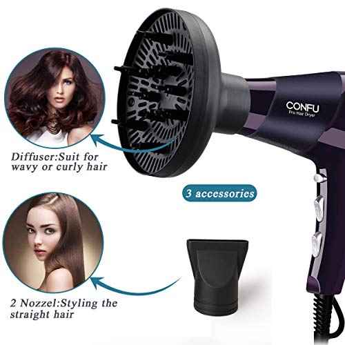 CONFU Professional Ionic Hair Dryer 1875W AC Motor Salon BlowDryer Fast Drying Light Weight Low Noise Hairdryers with Diffuser 2 Concentrators 3 Heat 2 Speed Settings Cool Shot ETL Certified - Thumbnail 5