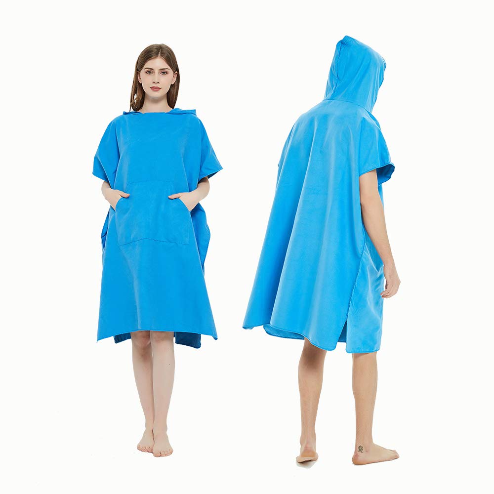 Surf Beach Poncho Wetsuit Changing Towel Bath Robe Poncho with Hood for Surfing Swimming Bathing Adults Men Women -One Size Fit All (Blue with Pocket)